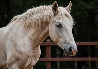 Obraz premium Creamy Palomino Horse Portrait: Gentle Gaze, Forest Backdrop