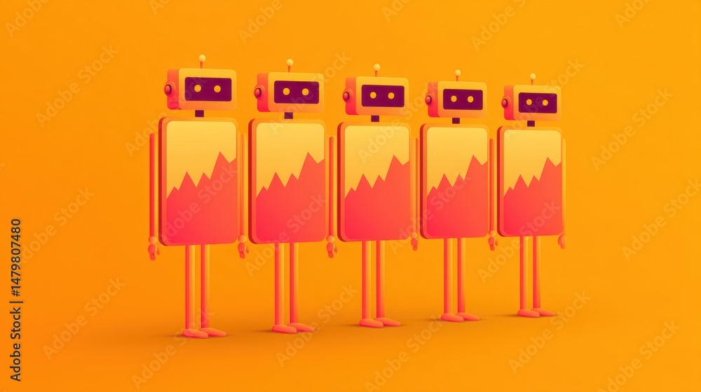 Poster five colorful robots with chart-like graphics stand in a row against a bright orange background.