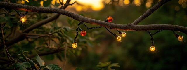 Warm, golden string lights strung along a tree branch at sunset. Tiny, amber-hued bulbs and some accented with red berries create a festive, rustic glow against the darkening garden