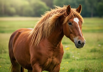 Fototapeta premium Golden Hour Chestnut: Majestic Horse in Summer Pasture