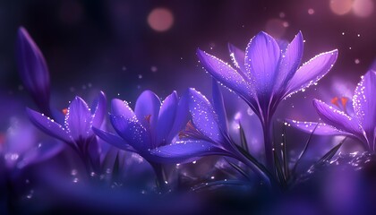 Purple crocuses bathed in gentle twilight light.