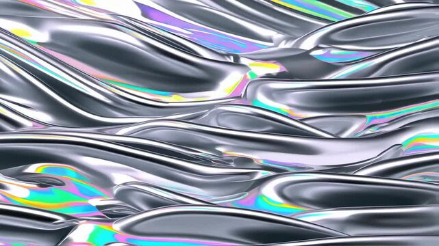 Abstract Silver Liquid Metal Surface with Iridescent Rainbow Reflections: A Seamless Loop Background Texture