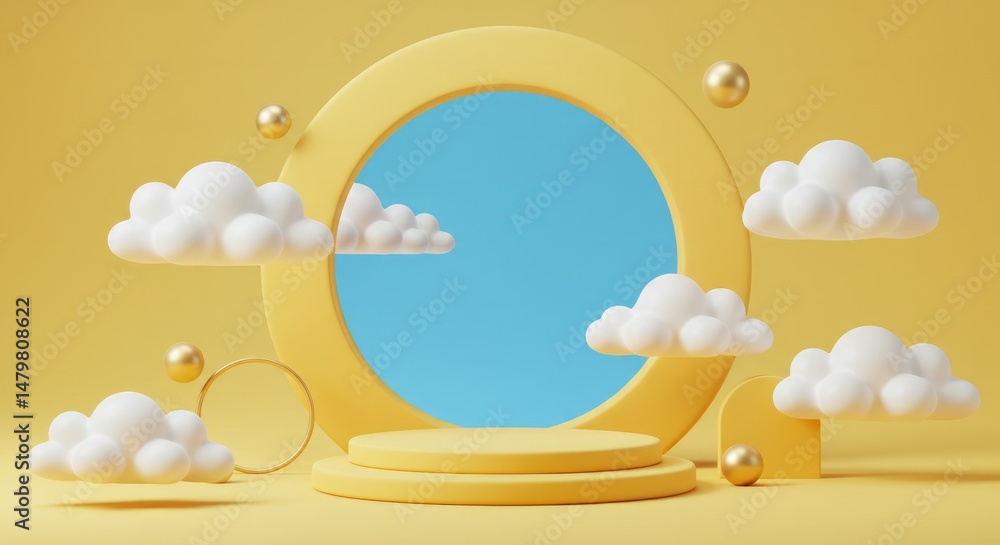 Poster dreamy 3d scene with clouds, podium and circular backdrop for product display