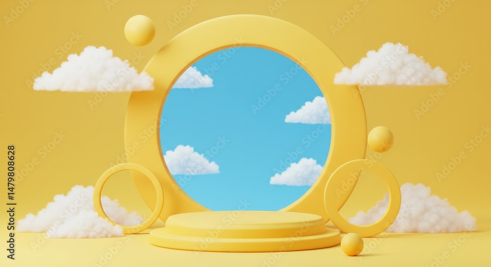 Poster dreamy product display stage with clouds and sky for presentation backdrop