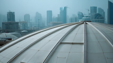 Fototapeta premium A vast cityscape emerges in misty hues, with a prominent domed rooftop leading towards towering skyscrapers, evoking urban sprawl and modern architecture.