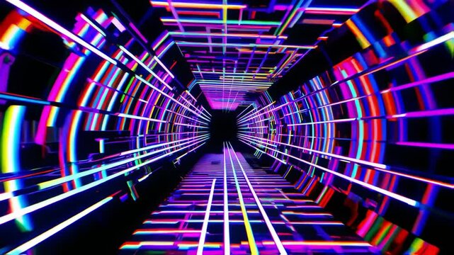 Vibrant Neon Lights Tunnel Abstract Background Perfect for Music Visuals and VJ Loops