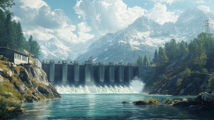 Fototapeta premium A powerful hydroelectric dam sits beneath towering snow-capped mountains, with crystal-clear water flowing through its concrete channels. Icy landscape and engineering precision reflect sustainability