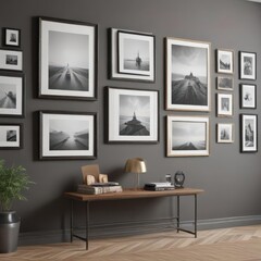 Gallery wall mockup; customizable photo frames, various sizes and styles,  home staging,  design element
