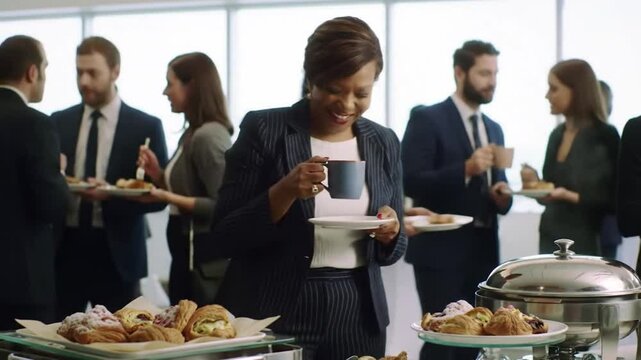 Business people enjoy savoury dishes and hot drinks from the breakfast buffet. Networking event with breakfast