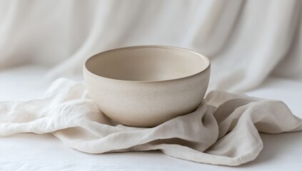 Beige ceramic bowl on linen cloth