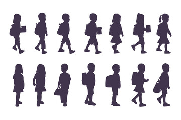 School Children Silhouettes, Kids Walking with Backpacks, Children Side Profile Silhouette, School Kids Standing and Walking, Backpack Kids Silhouettes Clipart Vector Illustration.
