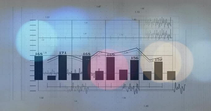 Flat analytics panel presenting bar chart, line graph showing waveform traces with colored flares