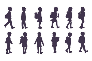 School Children Silhouettes, Kids Walking with Backpacks, Children Side Profile Silhouette, School Kids Standing and Walking, Backpack Kids Silhouettes Clipart Vector Illustration.