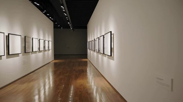 Hallway view with frames on the wall in an art gallery setting view