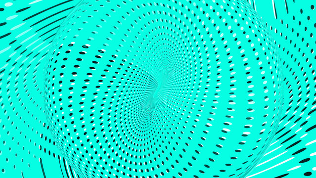 Dotted swirl line on new olo color background. Optical illusion. Innovation technology. Art trippy digital screen. Luxury Backdrop. Template. card. Virtual reality. Tech. Blue green mint azure hue.
