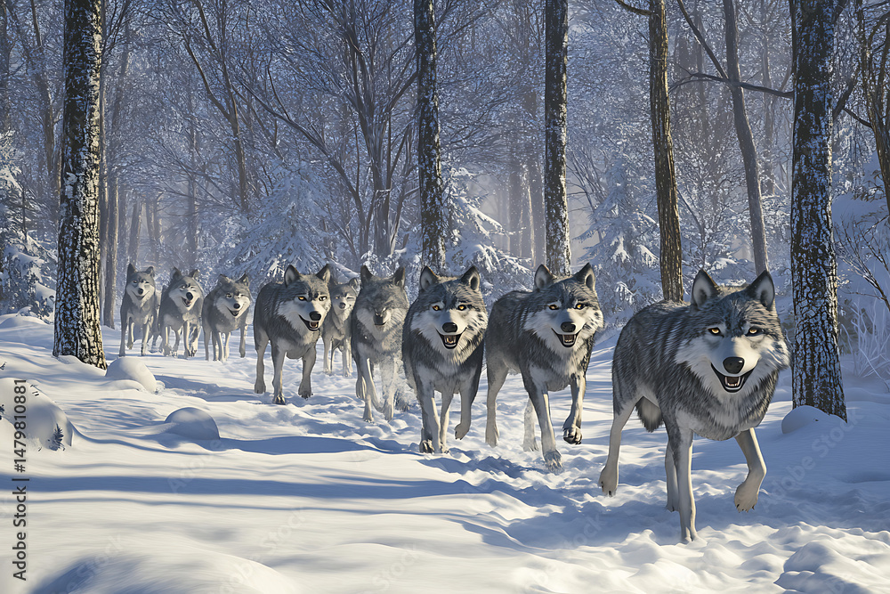 Poster a pack of wolves confidently traversing a snowy forest, showcasing their unity and strength