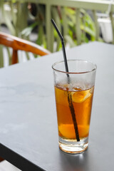 Lychee iced tea with with fresh lychee fruit in glass. Refreshment drink
