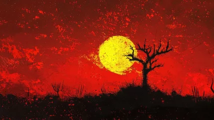 Fototapeten Fiery sunset landscape with solitary tree. © Andi