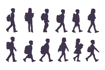 School Children Silhouettes, Kids Walking with Backpacks, Children Side Profile Silhouette, School Kids Standing and Walking, Backpack Kids Silhouettes Clipart Vector Illustration.