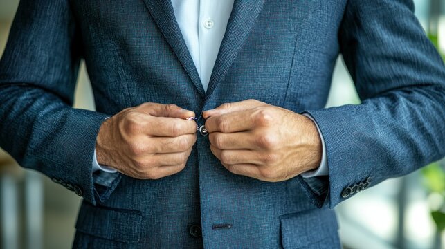 A close-up of a manâ€™s hands adjusting cufflinks and buttoning a suit jacket