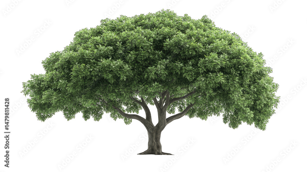 Poster a large green tree with a thick canopy and a wide spreading trunk isolated on a transparent backgrou