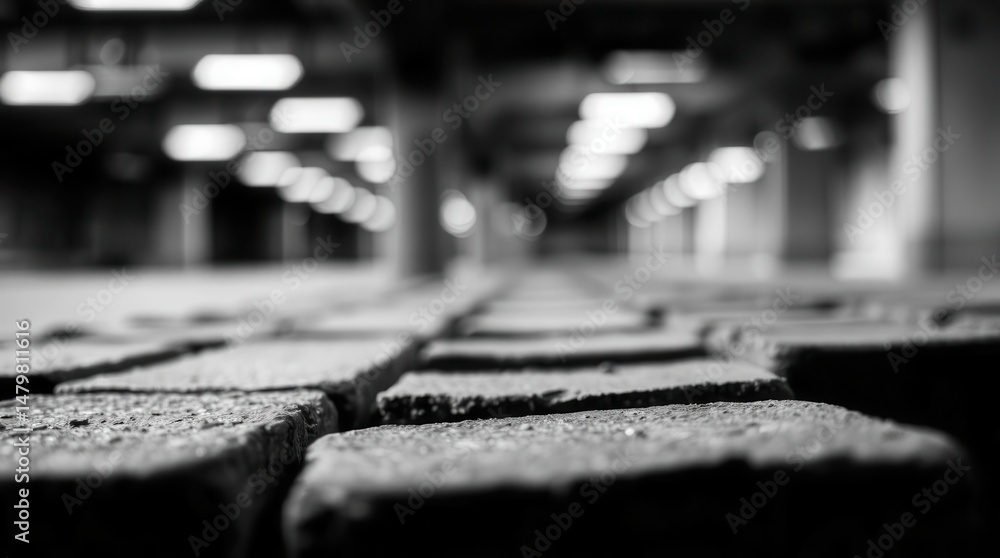Aufkleber monochrome bricks in an underpass are displayed in striking detail with an array of blurry lights.