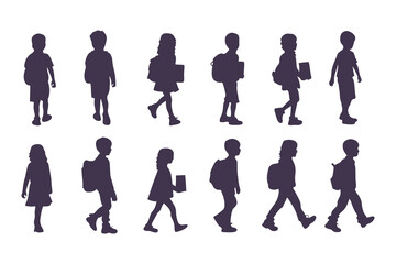 School Children Silhouettes, Kids Walking with Backpacks, Children Side Profile Silhouette, School Kids Standing and Walking, Backpack Kids Silhouettes Clipart Vector Illustration.