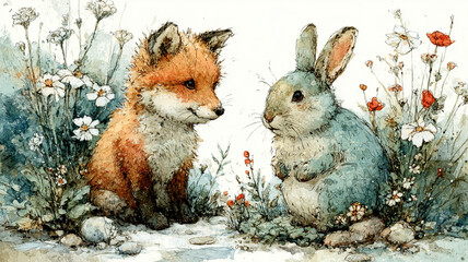 Fototapeta premium 絵本のようなタッチで描かれたキツネとうさぎの仲良し風景｜白背景に映えるかわいい動物たちの心温まる表情｜親子向けストーリー素材に最適