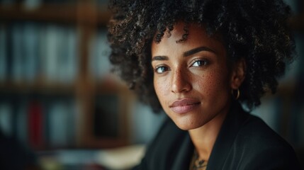 Fototapeta premium Confident Afro woman in business attire, focused and poised; embodying professionalism and determination in the workplace. 