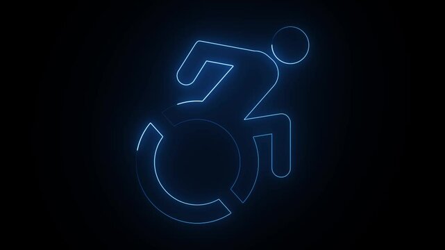 Glowing Neon accessibility icon representing active and empowered wheelchair user movement on a background.