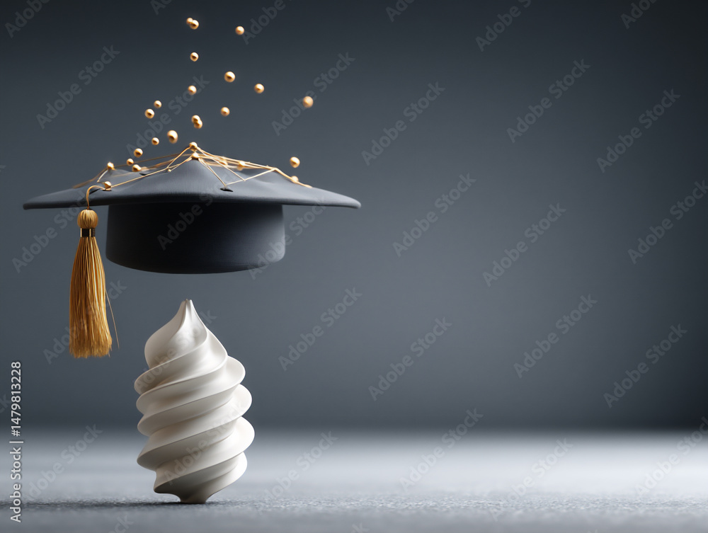 Poster a conceptual 3d rendering of interconnected golden lines forming the shape of a mortarboard above a 