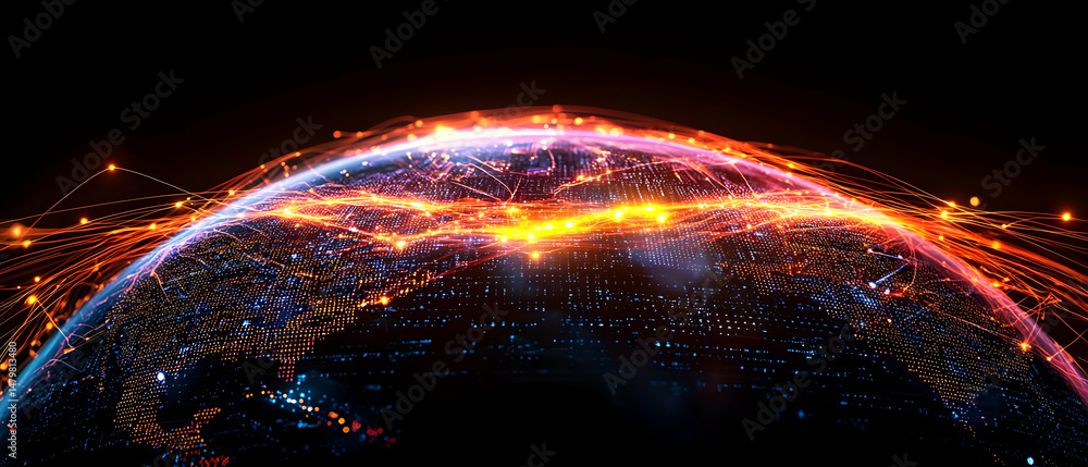 Poster abstract glowing planet with colorful particles in the night