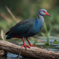 Fototapeta premium Grey-headed Swamphen bird on piece of wood.