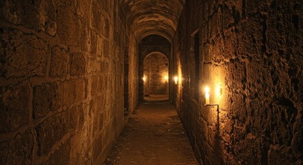 Dimly lit stone corridor interior