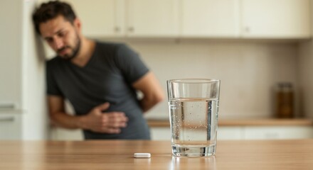 Man holding his stomach with antacid tablets near water glass in kitchen  