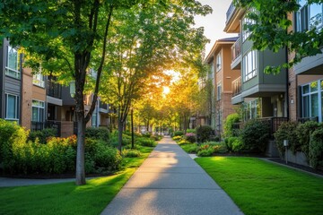 A sidewalk leads between colorful townhouses on a sunny, tree-lined street. Use for real estate, community, urban planning, or green living concepts.