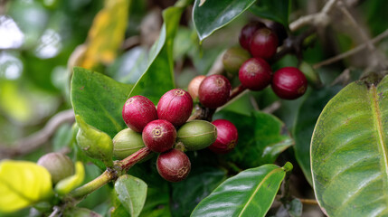 Obraz premium Fresh coffee beans ripening on the tree branch close up shot for agriculture concept use