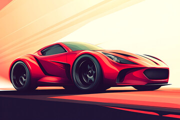 Sleek red sports car in dynamic motion against a vibrant abstract background
