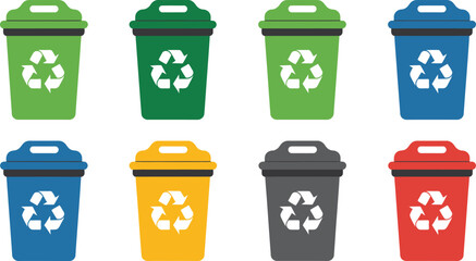 Colorful recycling bins illustration showing collection and sorting of waste for eco friendly practices