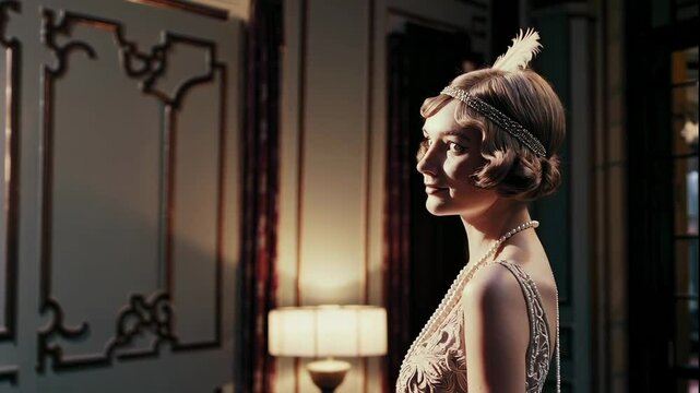 Portrait of a smiling woman with flapper style headband and feather