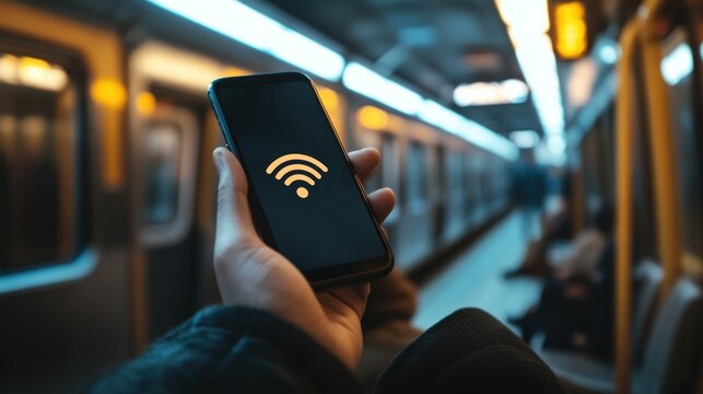 Person on subway holding smartphone displaying wifi signal