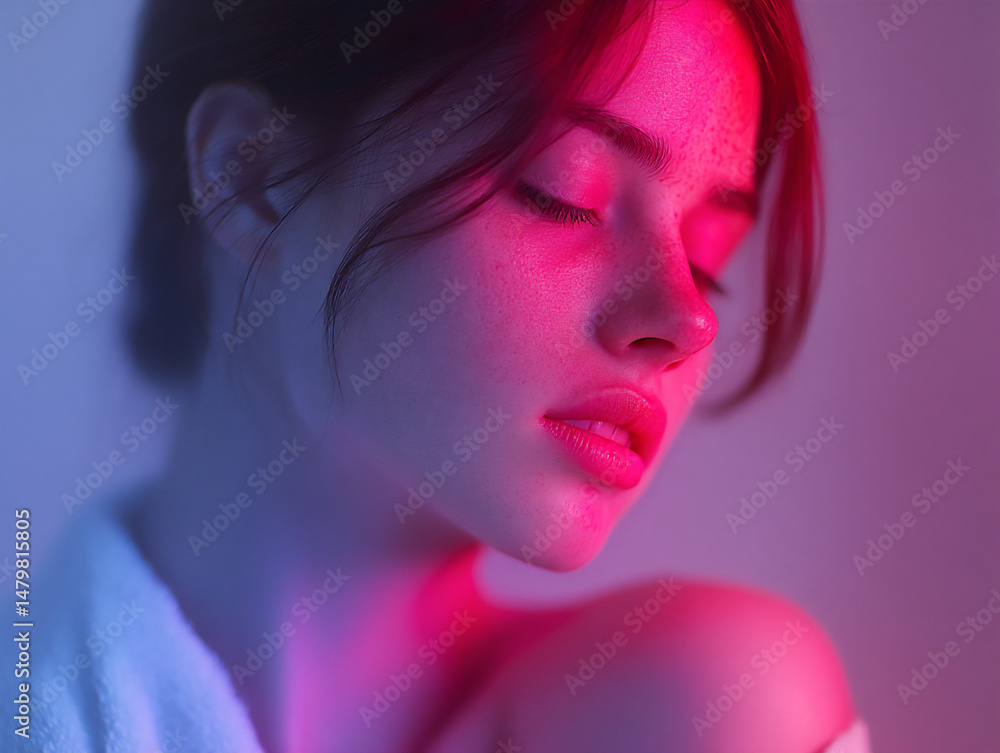 Poster a transitioning photograph showing a close-up profile of a young woman with redness gradually fading