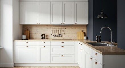 Elegant kitchen design with white cabinets, wooden countertops, and modern fixtures