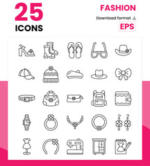 Naklejka premium 25 Fashion Vector line Icons Editable Stroke, Clothing icons, Jewelery icons, Shoes and Sendals