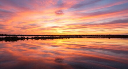 Naklejka premium Stunning Sunset Reflection over Calm Lake at Dusk Vibrant Orange and Pink Sky
