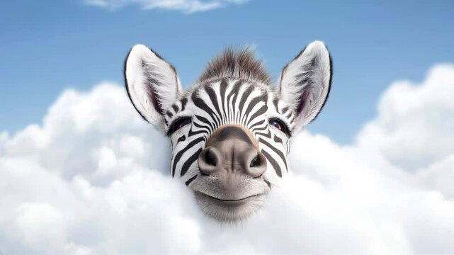 Dreamy zebra in the clouds &ndash; surreal animal video loop with peaceful smile and blue sky.