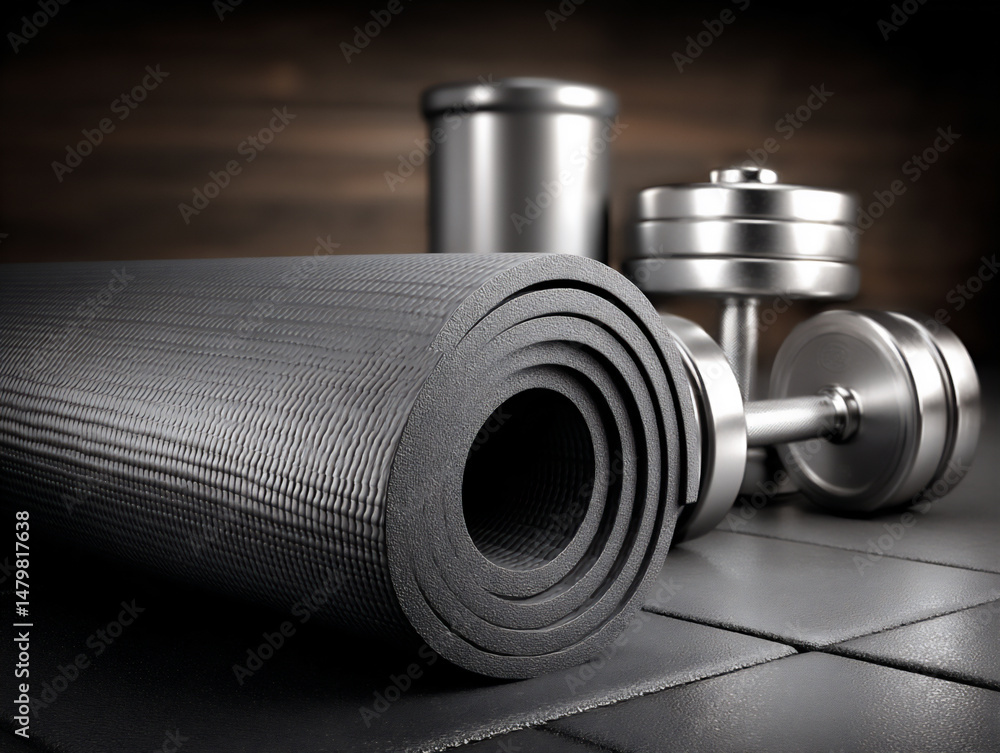 Poster a textured 3d rendering focusing on the tactile surfaces of a woven yoga mat and metallic dumbbells 