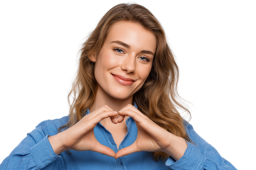 woman smiles and makes heart shape with her hands isolated on white background