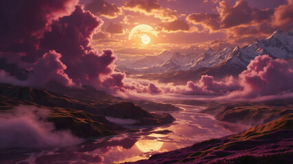 Fototapeta premium Stunning sunset over a river winding through majestic mountains, bathed in soft hues.