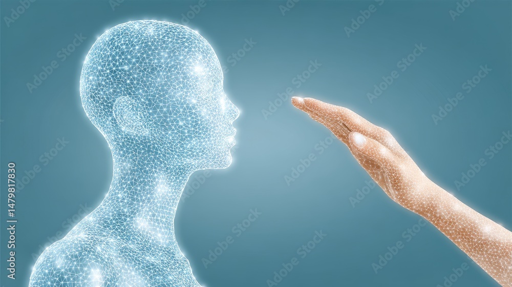 Poster futuristic collaboration between human and ai in a digital workspace technology hub visual art virtu